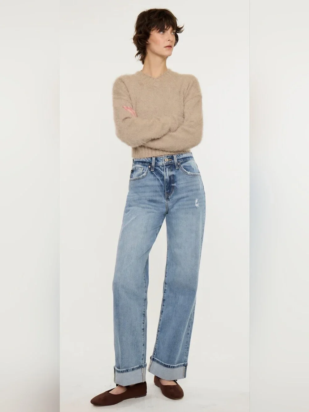 KanCan High Rise Medium Wash Wide Leg Jeans Cuffed Denim Stretch Trendy 1/24 NEW